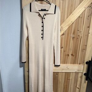 Elegant Beige Long Sleeve Dress with Black Trim